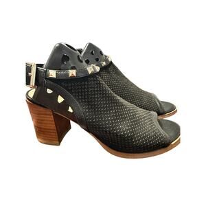 MARC FISHER Black Suede Perforated Healed Block Open Toe Sandal Heel size 5